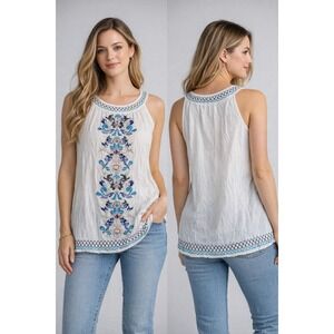 Style & Co Women Tank Top Large White Embroidered Boho Cotton Sleeveless